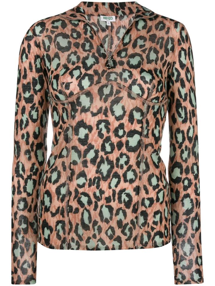 Kenzo Half Zip Leopard Top - Nude & Neutrals
