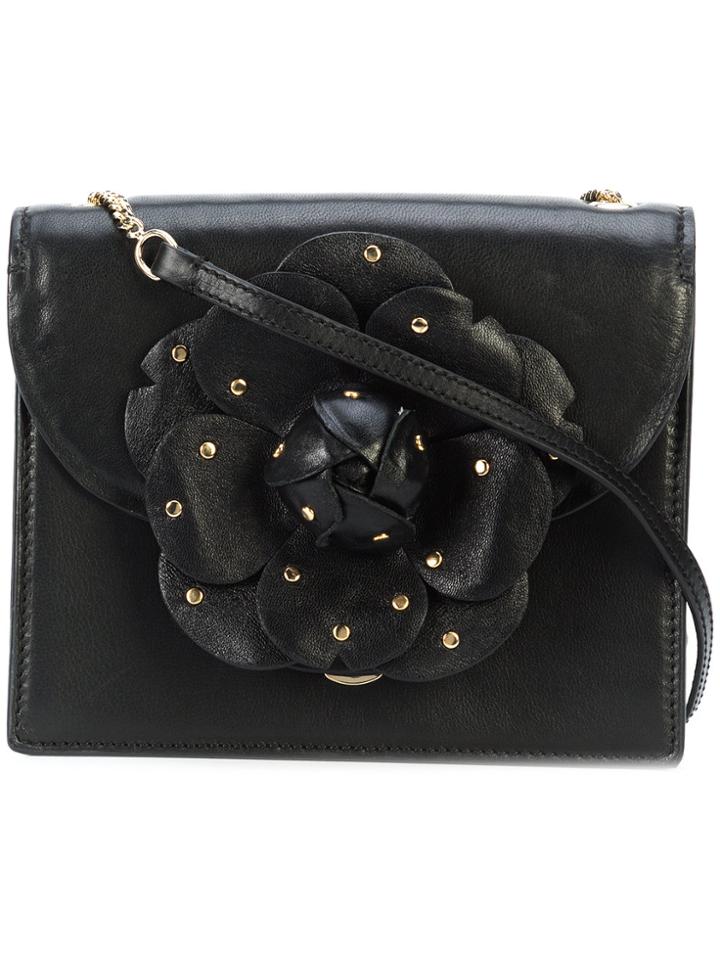 Oscar De La Renta Floral Applique Shoulder Bag - Black