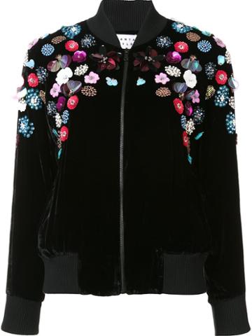 Tanya Taylor Floral Appliqué Bomber Jacket, Women's, Size: 4, Black, Silk/rayon