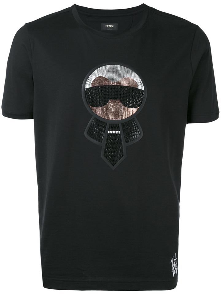 Fendi - Karlito T-shirt - Men - Cotton/lamb Skin/crystal - 50, Black, Cotton/lamb Skin/crystal