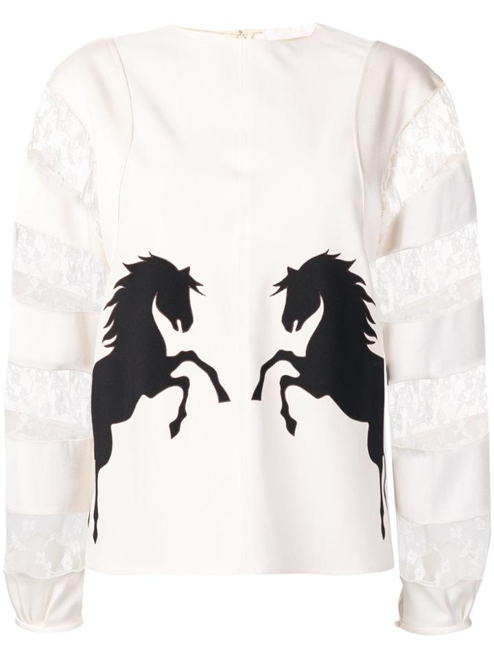 Chloé Floral Lace Inserts Horses Blouse - White