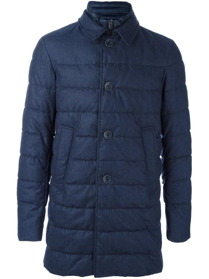 Herno High Neck Buttoned Coat, Men's, Size: 54, Blue, Nylon/polyamide/wool