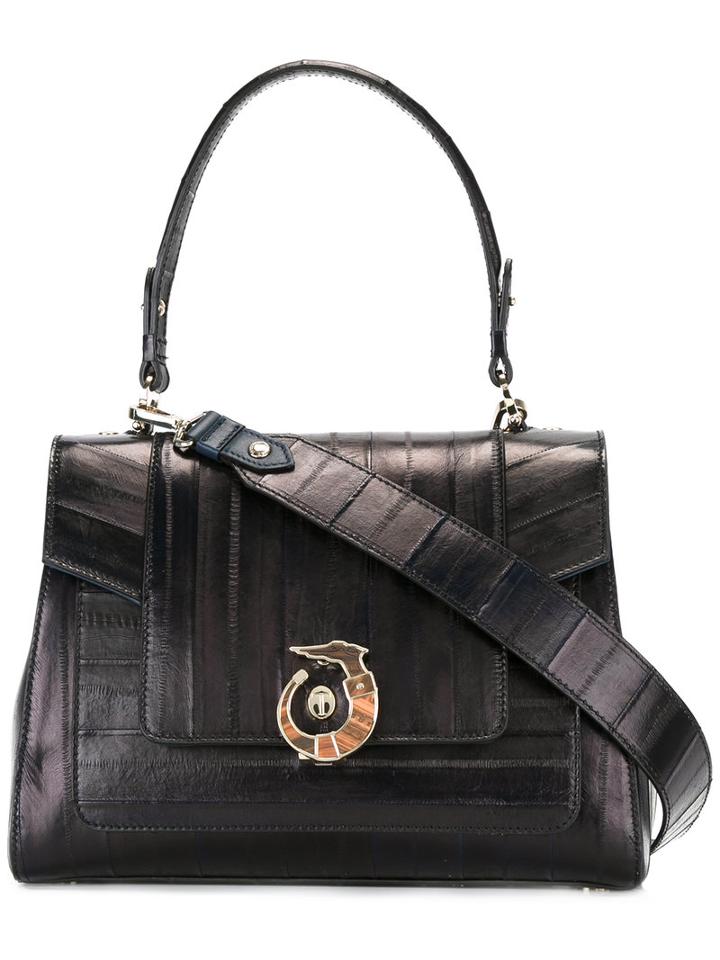 Trussardi Snakeskin And Calf Leather Shoulder Bag, Women's, Blue, Calf Leather/polyester/king Rat Snake
