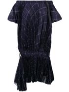 Sacai Grid Print Pleated Off-the-shoulder Dress - Blue