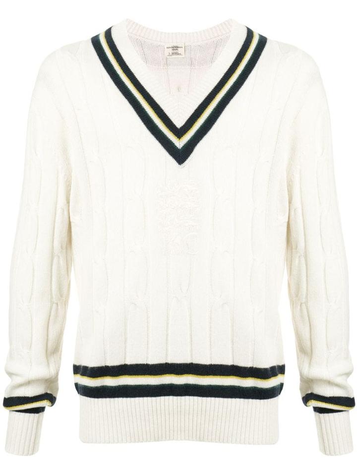 Kent & Curwen V-neck Striped Jumper - White