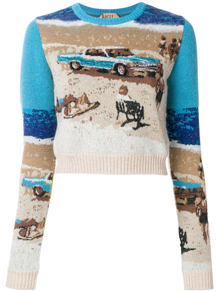 No21 Cropped Intarsia Knit Jumper - Blue