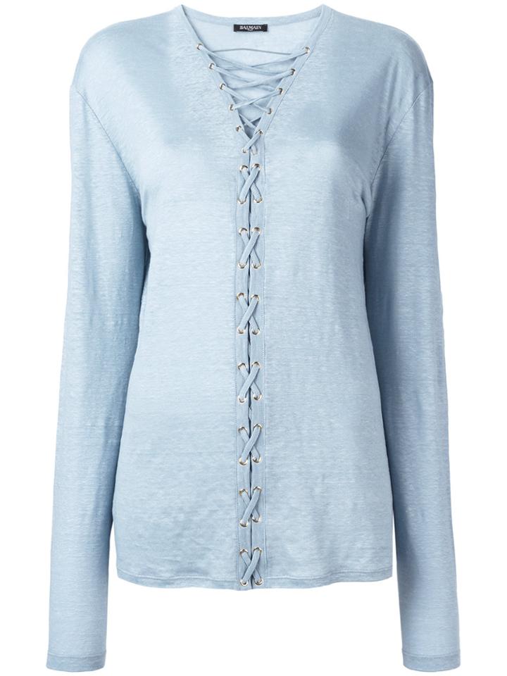 Balmain Crossed Lace Top - Blue