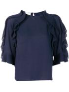 Edward Achour Paris Pleated Ruffle Trim Sleeve Blouse - Blue