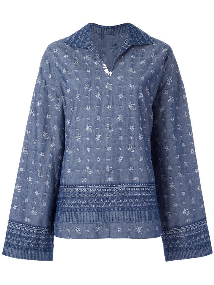 Sacai Aloha Scarf Embroidered Chambray Top, Women's, Size: 3, Blue, Cotton