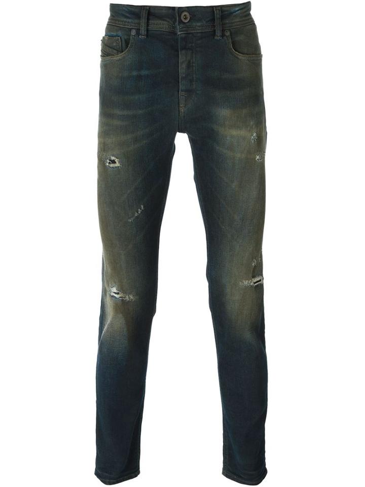 Diesel Black Gold Ripped Detail Slim Jeans, Men's, Size: 30, Blue, Cotton/polyester/spandex/elastane