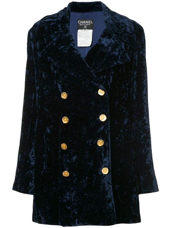 Chanel Vintage Cc Logos Long Sleeve Coat - Blue
