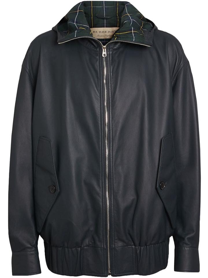 Burberry Hooded Lambskin Bomber Jacket - Blue