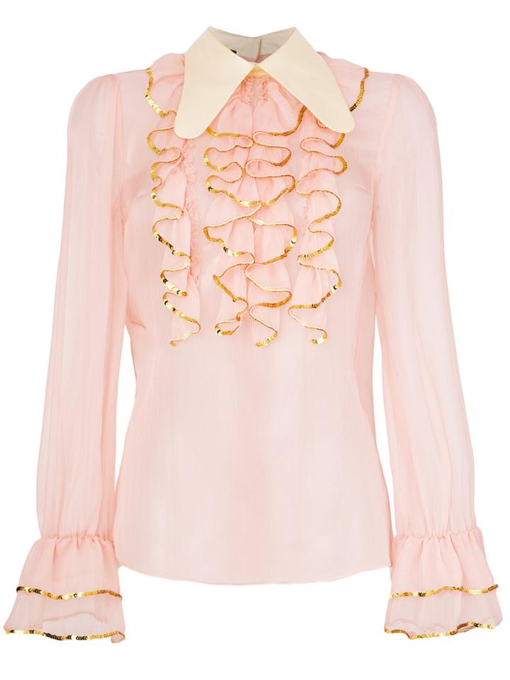 Gucci Sheer Sequin Trim Ruffle Blouse - Pink & Purple