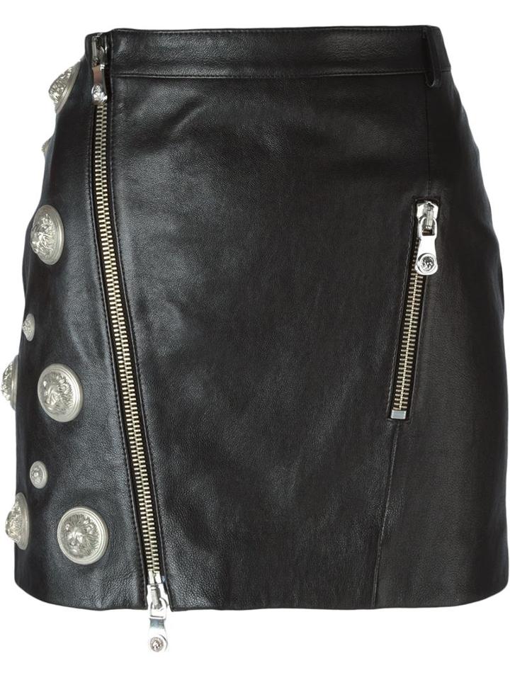 Versus Lion Head Studs Zipped Skirt, Women's, Size: 38, Black, Leather/polyester