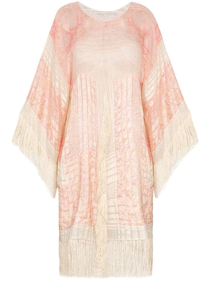 One Vintage Fringed Short Dress - Neutrals