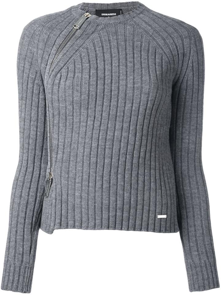 Dsquared2 Zipped Rib Knit Jumper, Women's, Size: Large, Grey, Polyester/wool