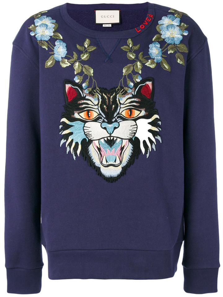 Gucci Angry Cat And Floral Appliqué Sweatshirt - Blue