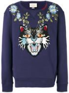 Gucci Angry Cat And Floral Appliqué Sweatshirt - Blue