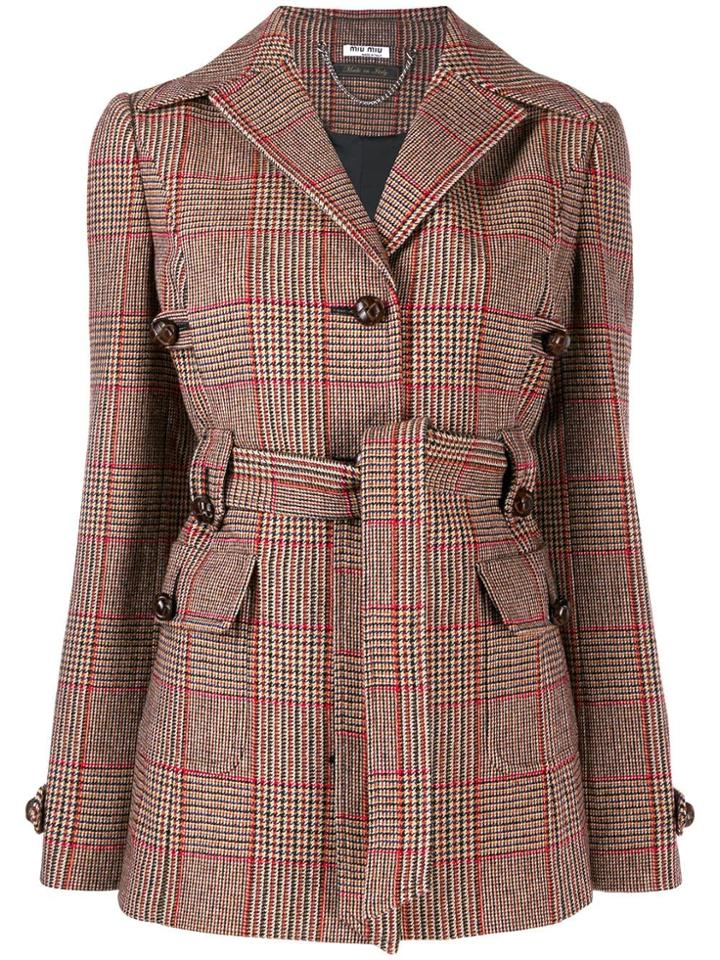 Miu Miu Belted Checked Jacket - Red