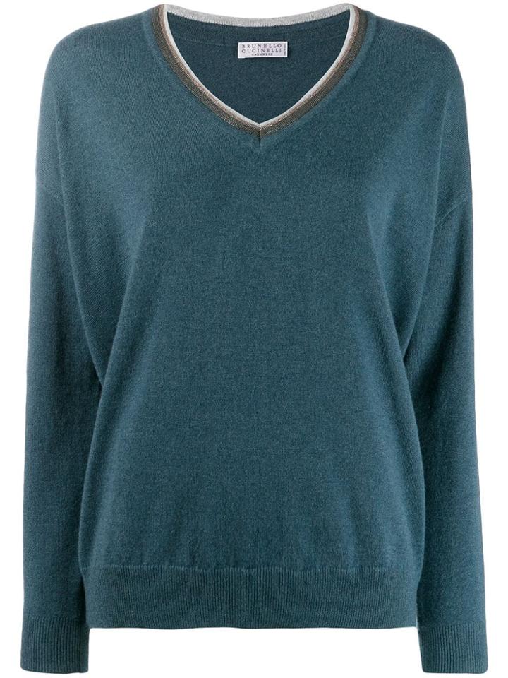 Brunello Cucinelli Embellished V-neck Jumper - Blue