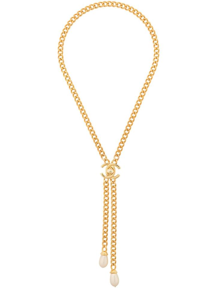 Chanel Vintage Cc Logos Pearl Pendant Necklace - Gold
