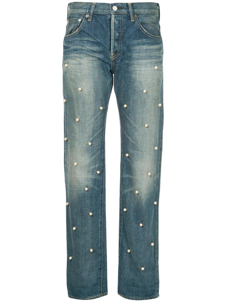 Tu Es Mon Trésor Pearl Embellished Cropped Jeans - Blue