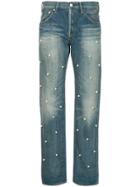 Tu Es Mon Trésor Pearl Embellished Cropped Jeans - Blue