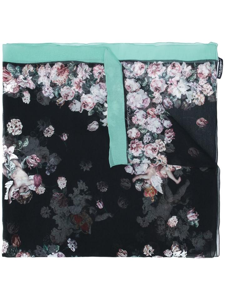 Dolce & Gabbana Floral Cherub Print Scarf - Black