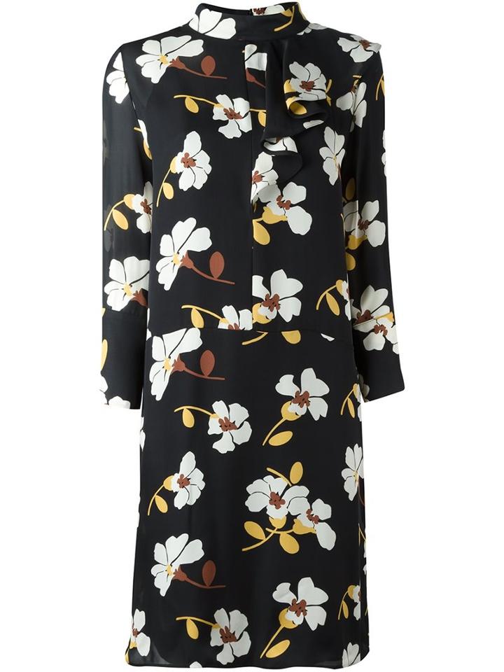 Marni Distal Print Asymmetric Ruffle Dress, Women's, Size: 40, Black, Silk