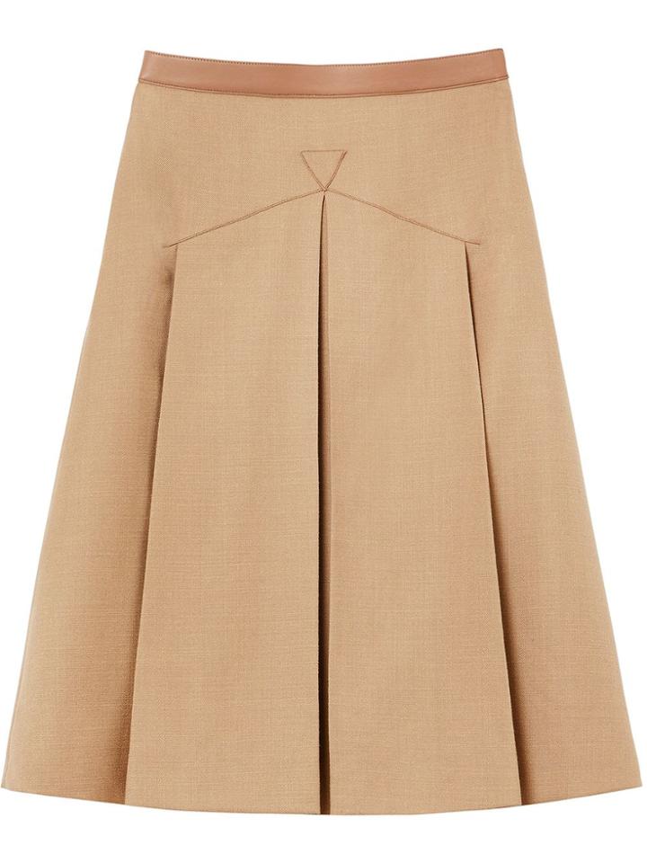 Burberry Leather Trimmed Pleated Skirt - Neutrals