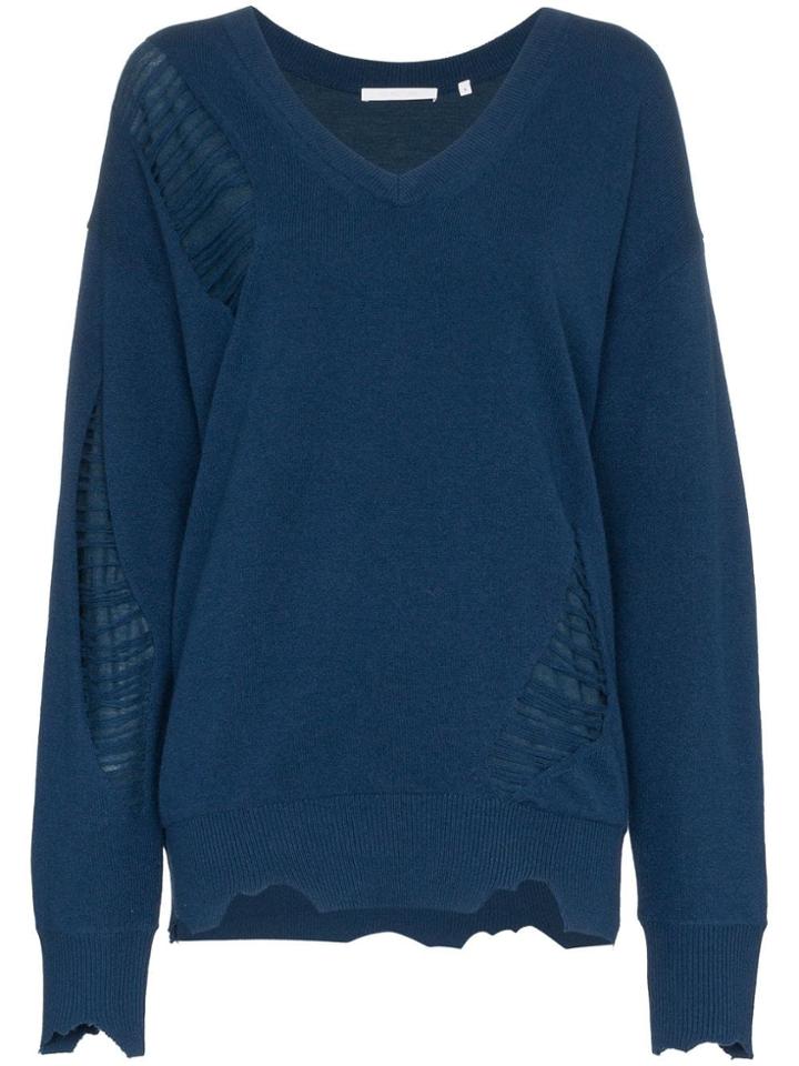 Helmut Lang Distressed V-neck Wool Jumper - Blue