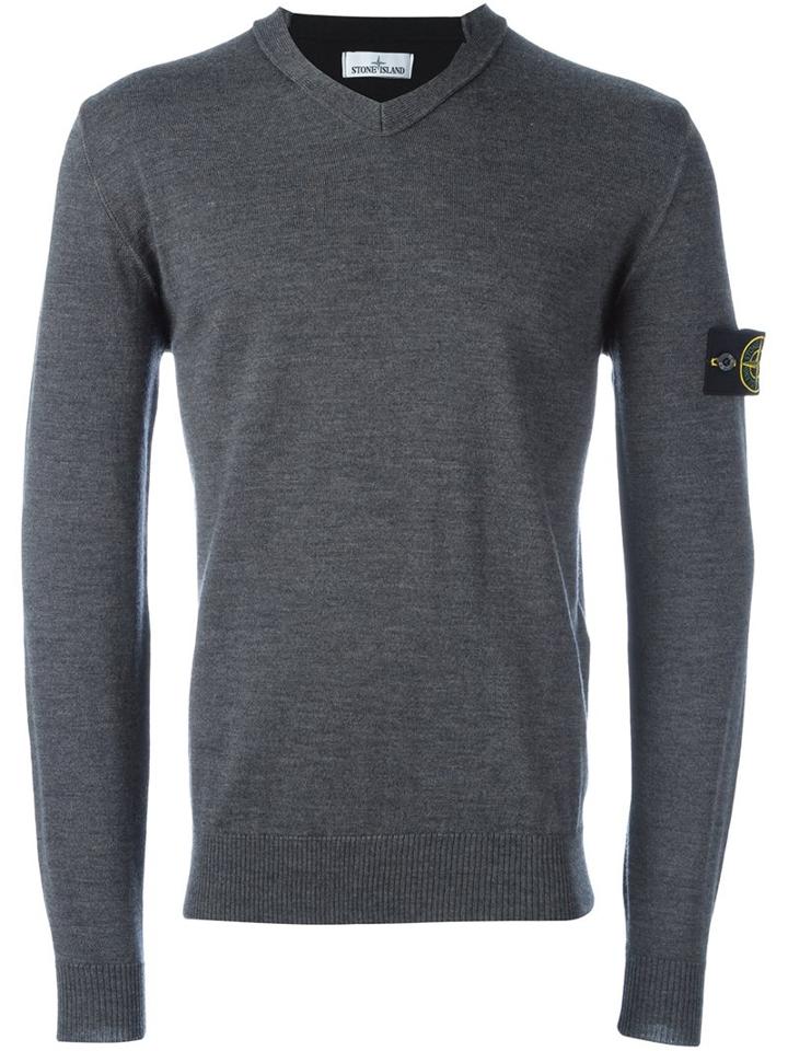 Stone Island Logo Patch V-neck Jumper, Men's, Size: Small, Grey, Wool