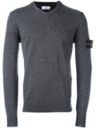 Stone Island Logo Patch V-neck Jumper, Men's, Size: Small, Grey, Wool