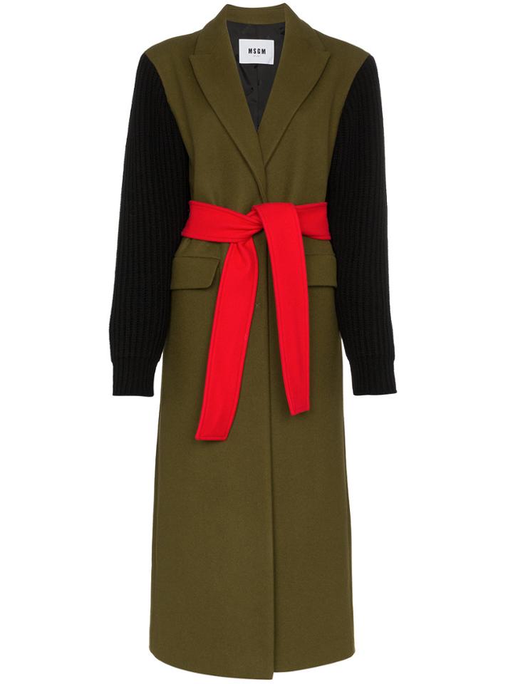 Msgm Ribbed Sleeve Belted Wool Blend Coat - Green