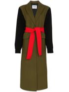 Msgm Ribbed Sleeve Belted Wool Blend Coat - Green