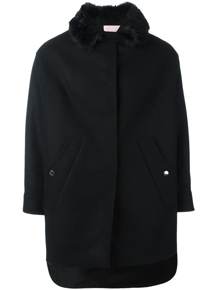 Giamba Faux Fur Trimmed Coat, Women's, Size: 42, Black, Silk/acrylic/polyamide/wool