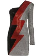 Balmain Asymmetrical Rhinestone Lightning Bolt Print Dress - Metallic