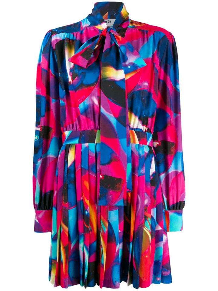 Msgm Printed Pussy Bow Mini Dress - Blue