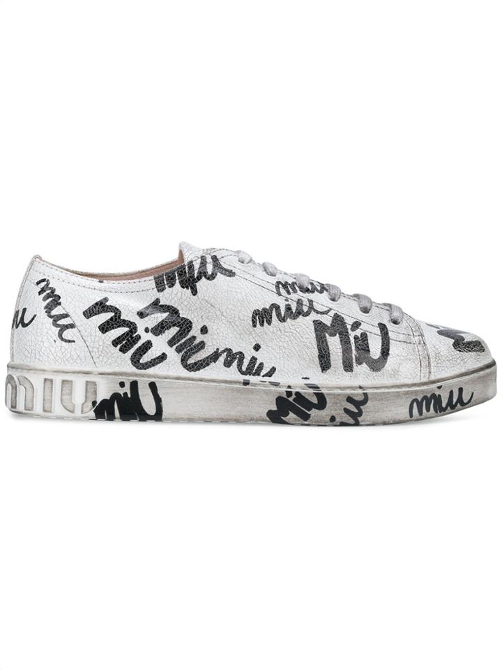 Miu Miu Scribble Print Lace Up Trainers - White