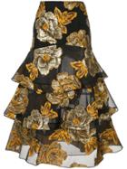Bambah Embroidered Roses Ruffle Skirt - Black
