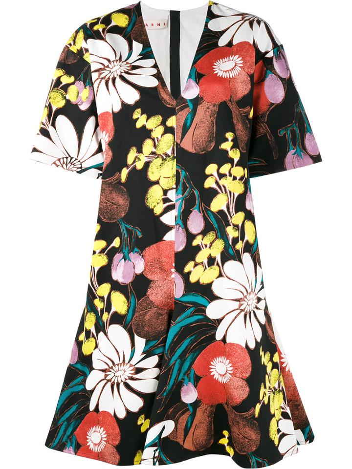 Marni Floral Print A-line Dress, Women's, Size: 48, Black, Cotton/linen/flax