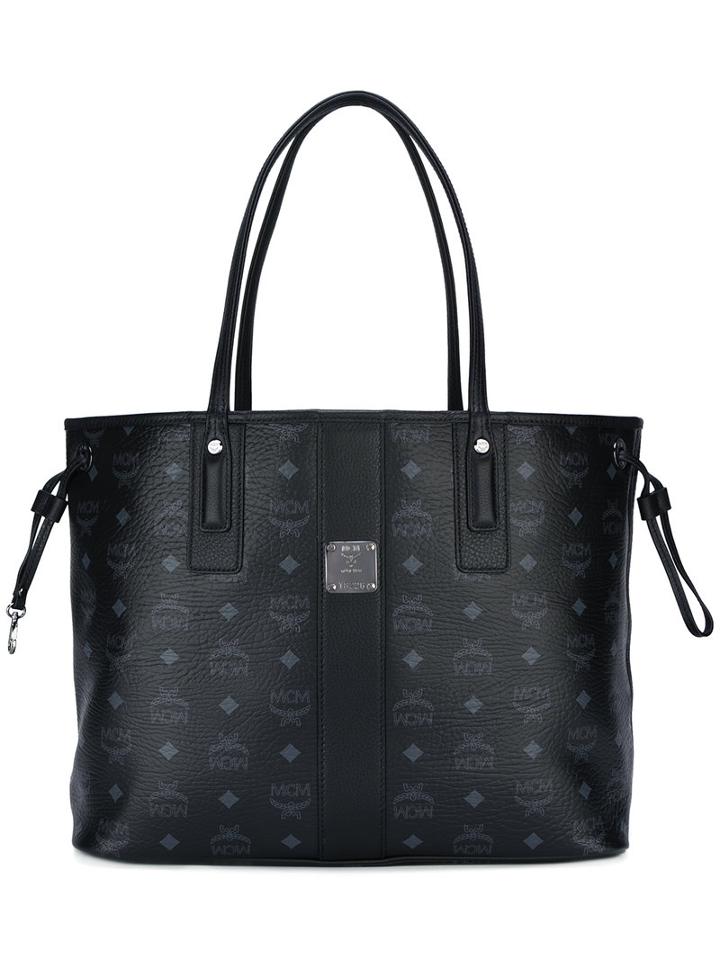 Mcm Logo Print Tote, Women's, Black, Cotton/leather