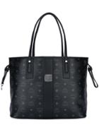 Mcm Logo Print Tote, Women's, Black, Cotton/leather