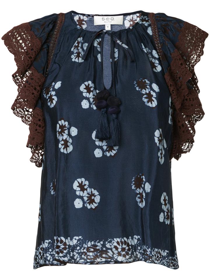 Sea Floral Print Crochet Trim Blouse - Blue