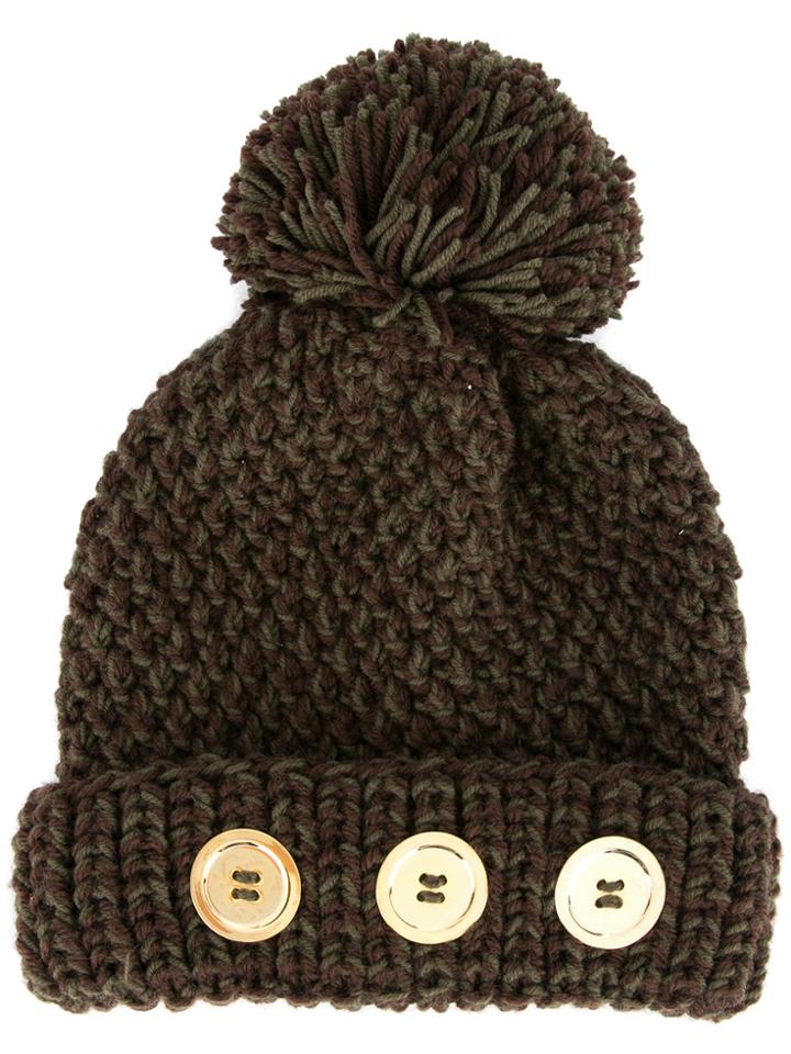 0711 Button Pompom Beanie - Brown