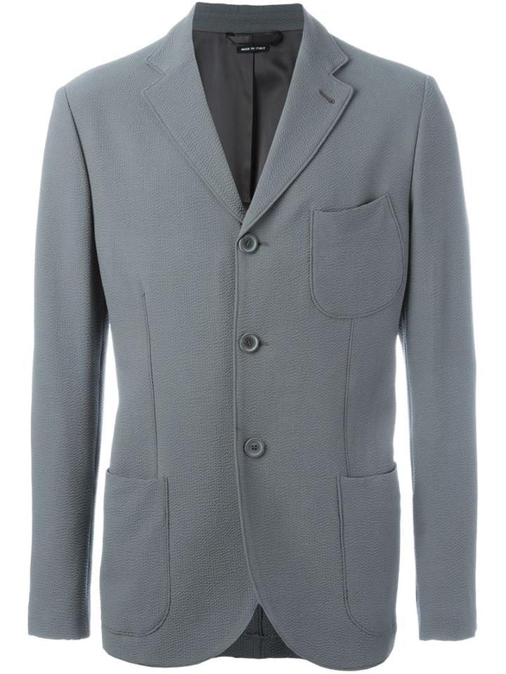 Giorgio Armani Patched Pockets Notched Lapels Blazer, Men's, Size: 54, Grey, Polyester/spandex/elastane/wool