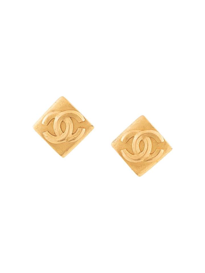 Chanel Vintage Square Cc Earrings - Gold