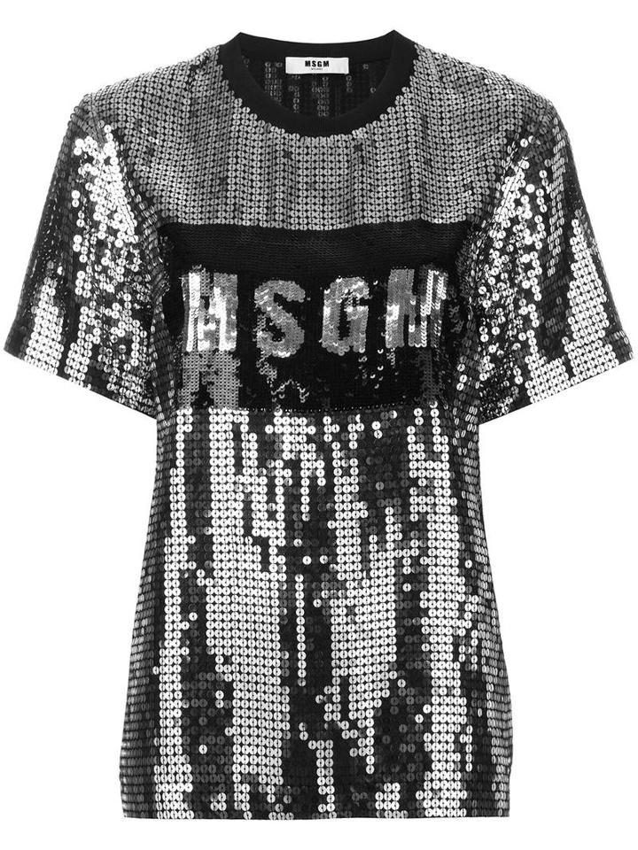 Msgm Sequin Logo T-shirt, Women's, Size: 42, Black, Polyester/polyamide