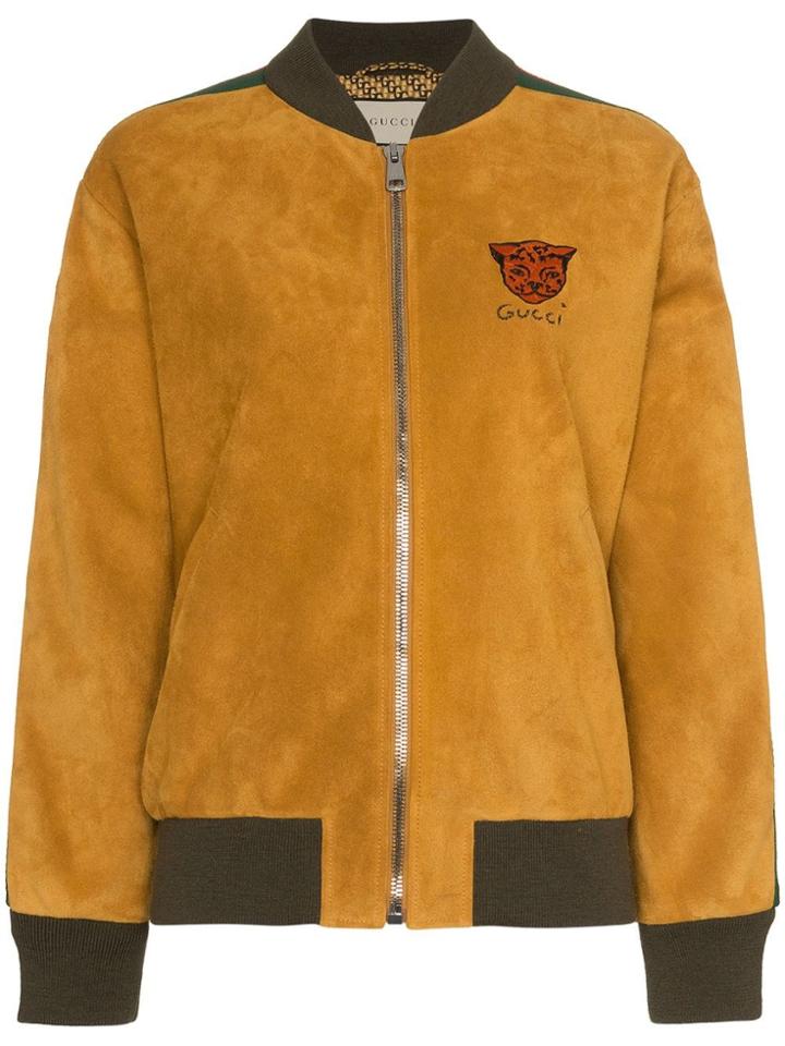 Gucci Logo Stripe Suede Bomber Jacket - Yellow