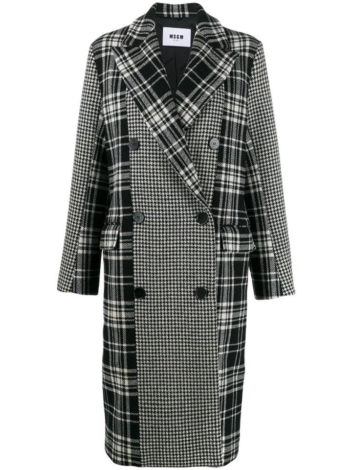Msgm Plaid And Houndstooth Double-breasted Peacoat - Black